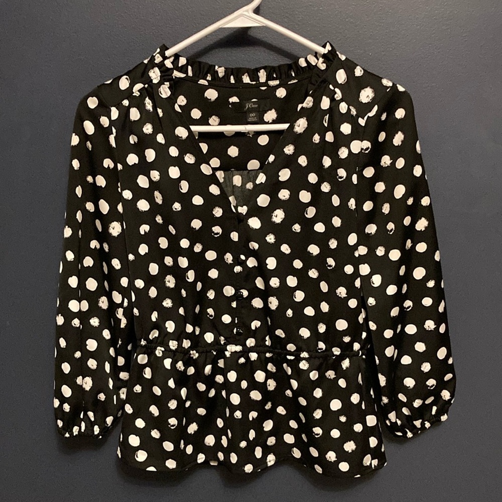 J. Crew Black and White Polka Dot Ruffle Blouse